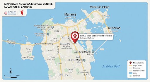Map showing Badr Al Safaa Medical Centre location in Bahrain
